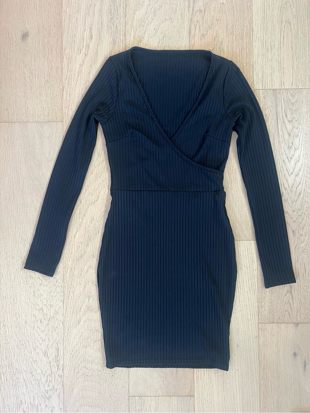 Black Ribbed Long-Sleeve Wrap Bodycon Dress